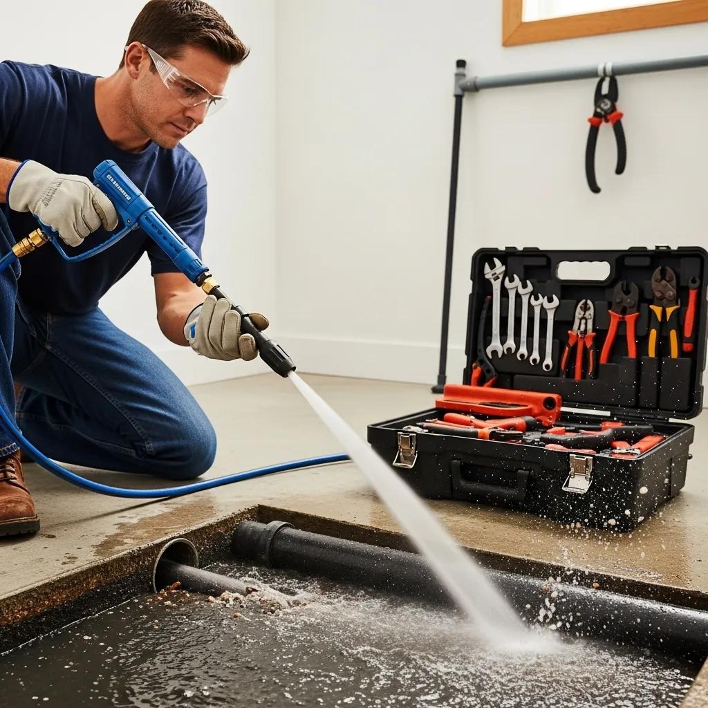 Professional plumber using hydro jetting equipment for effective drain cleaning