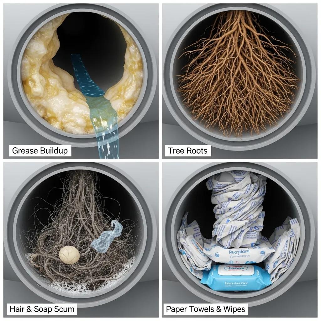 Collage of common drain blockages including grease, tree roots, and foreign objects