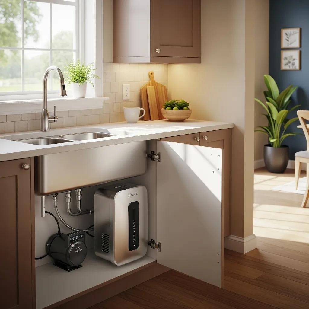 Modern tankless water heater and recirculating pump in a bright kitchen