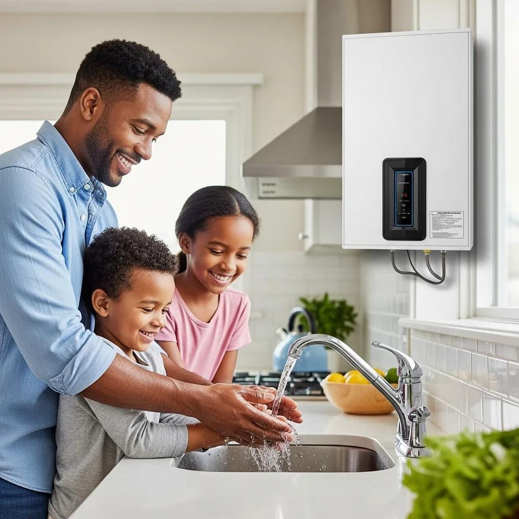 Family enjoying the benefits of an energy-efficient tankless water heater