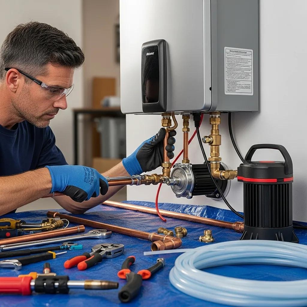 Technician installing a recirculating pump with a tankless water heater