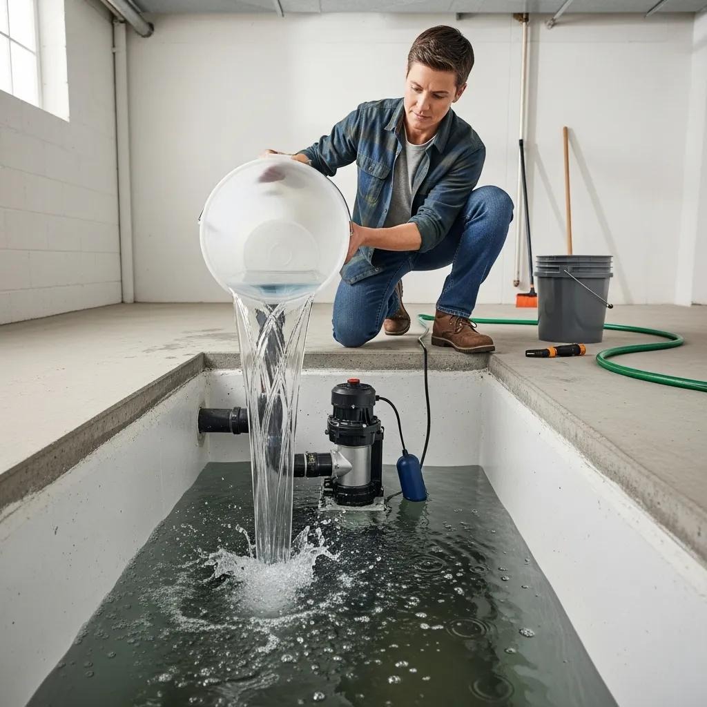 Homeowner testing a sump pump by pouring water