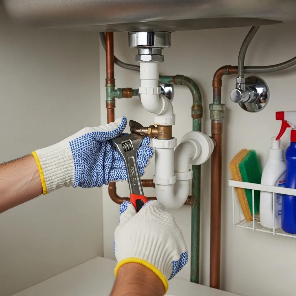 Homeowner examining pipes and faucets for leaks