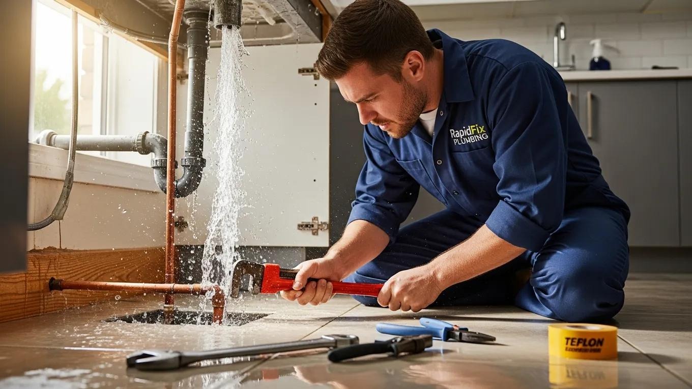 Professional plumber repairing a burst pipe in a residential setting