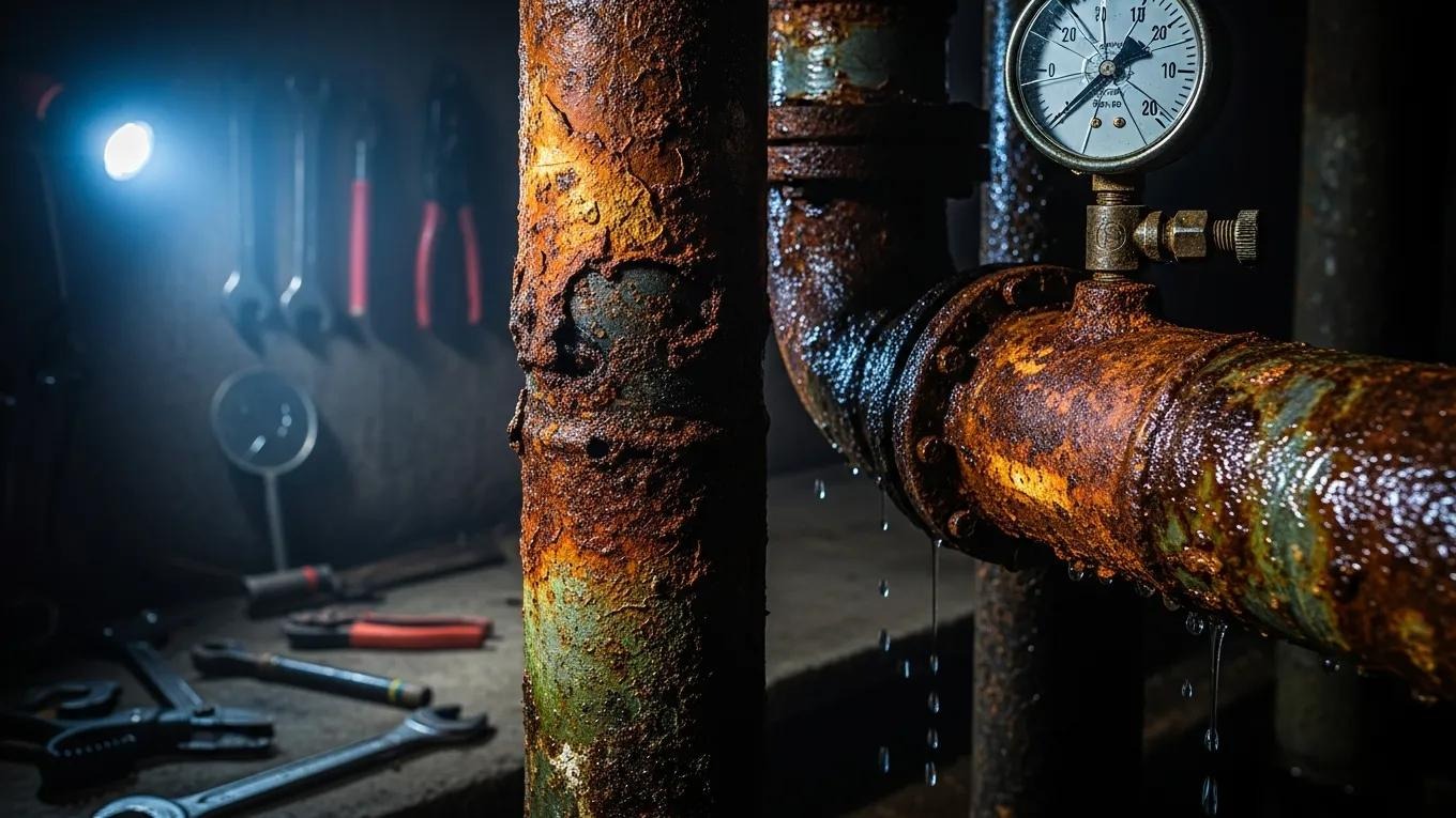 Close-up of corroded pipes showing rust and deterioration