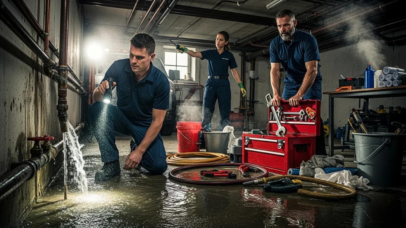 Plumbers responding to a plumbing emergency with teamwork and urgency