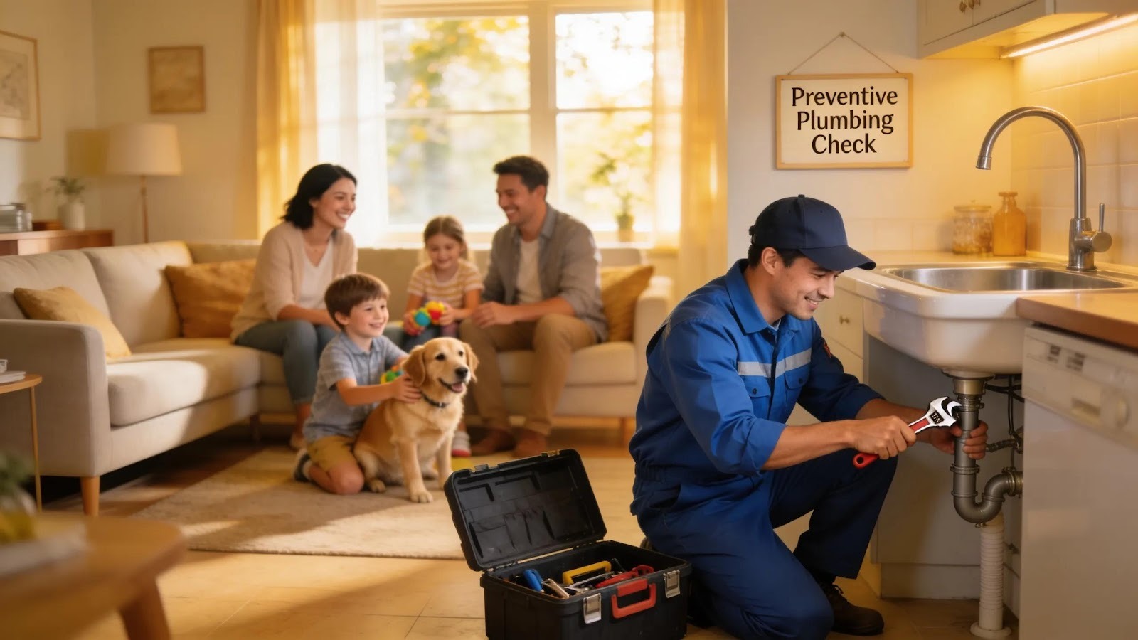 Family interacting at home as plumber performs preventive maintenance, highlighting the value of regular inspections for plumbing health