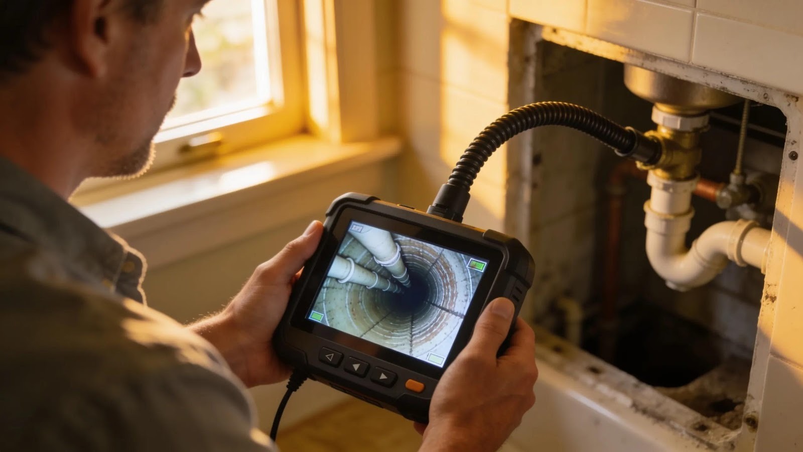 Homeowner using an inspection camera to diagnose plumbing noises, emphasizing effective troubleshooting techniques