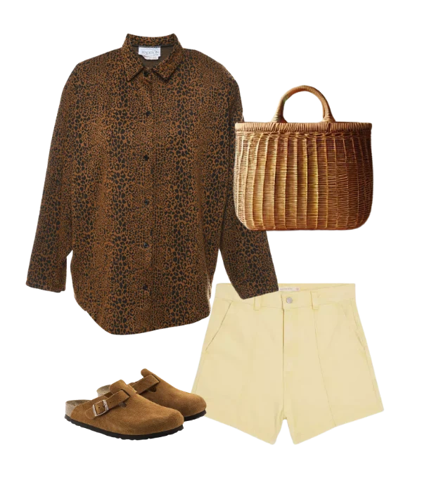 Brown long-sleeve shirt with yellow shorts woven tote and sandals styled for earthy minimalism