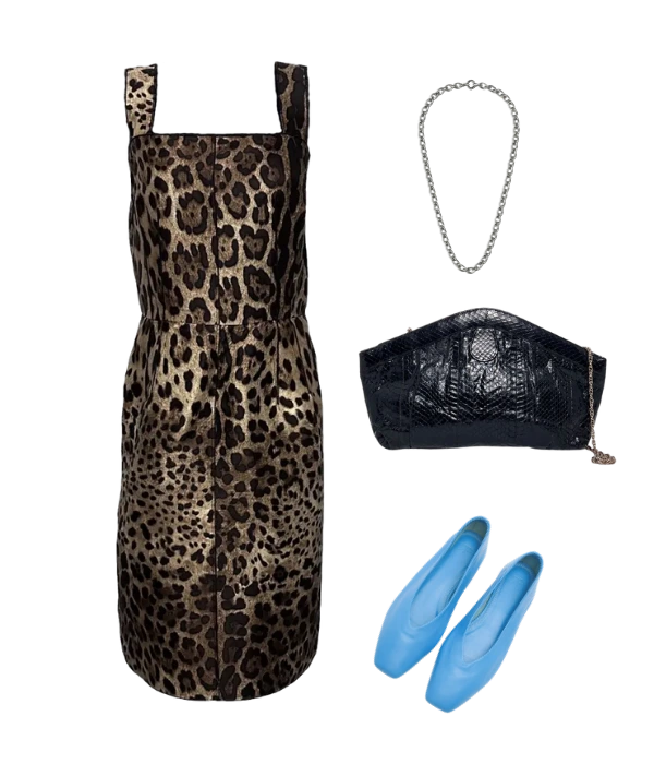 Leopard slip dress styled with blue flats and a black clutch for an elevated minimal look