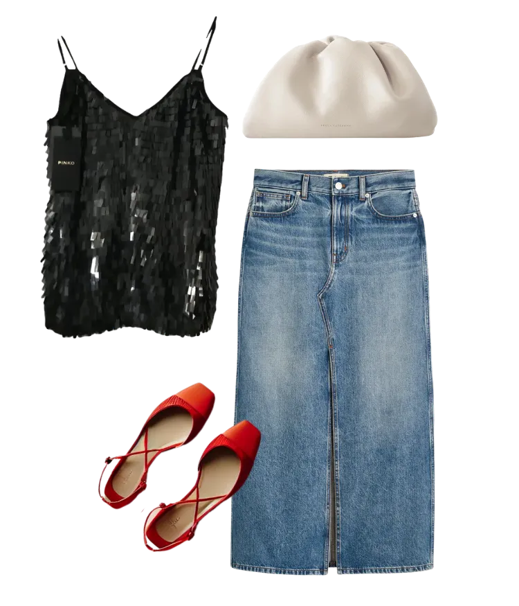 Black sequin tank with denim skirt, red flats and beret, playful Parisian evening style.