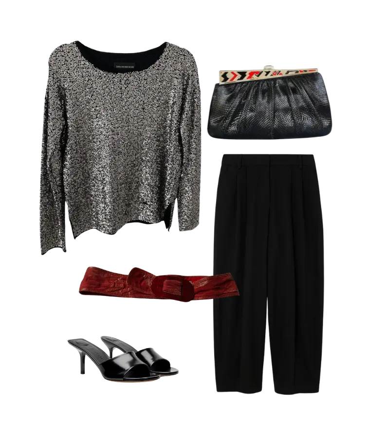 Silver sequin top with black pants and vintage clutch, minimal glam night outfit.