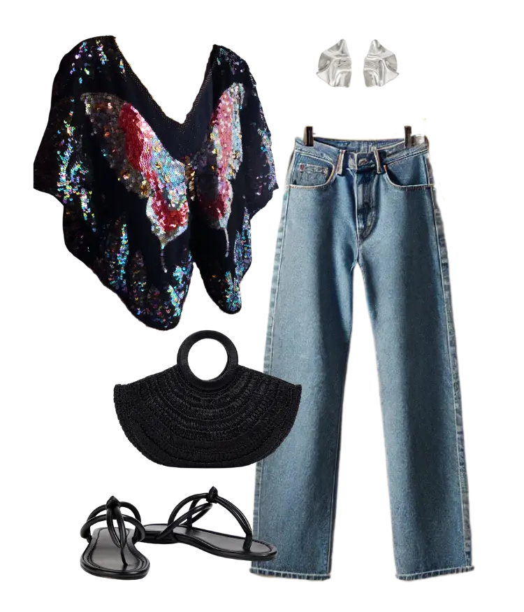 Butterfly sequin top and jeans styled for boho-chic evening with sandals and tote.