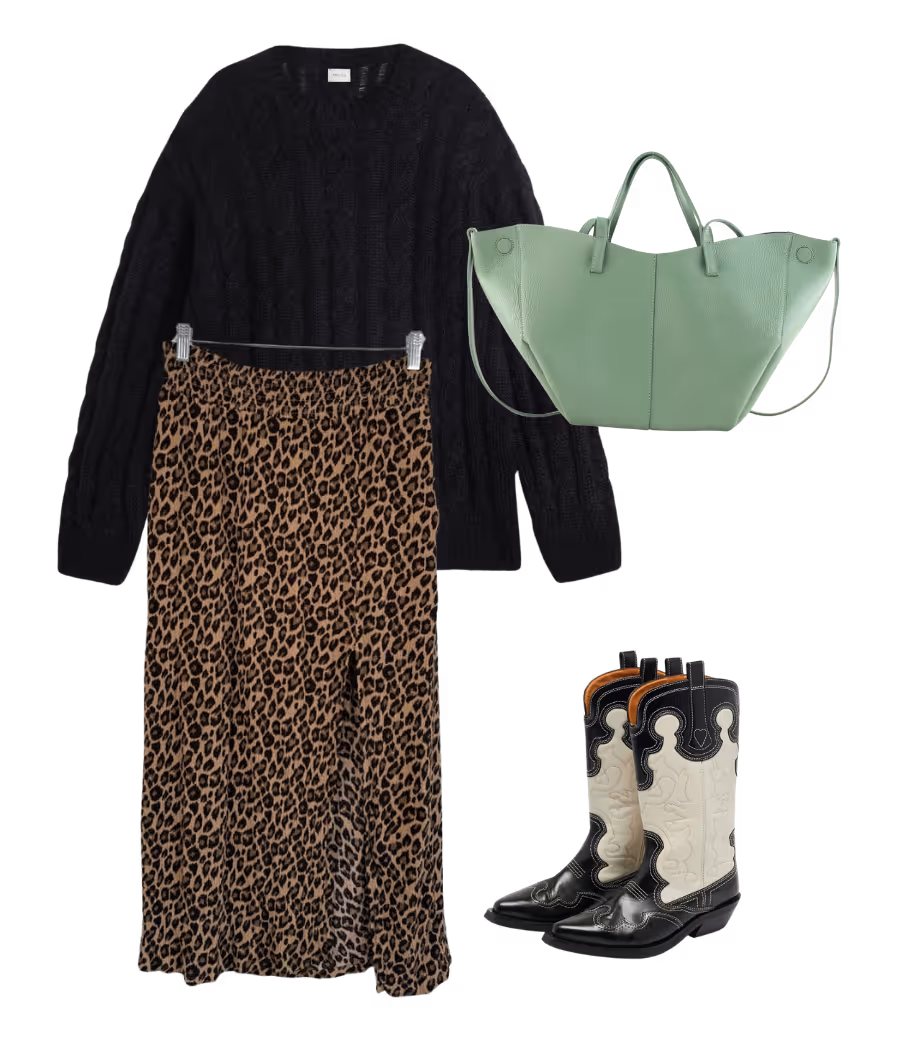 Leopard skirt paired with black cable-knit sweater, cowboy boots and green tote for a modern rustic flair.