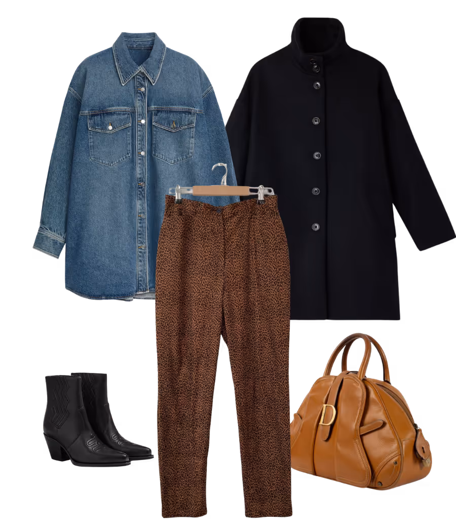 Leopard trousers with oversized denim shirt, black boots and camel bag, an effortless fall layering look.