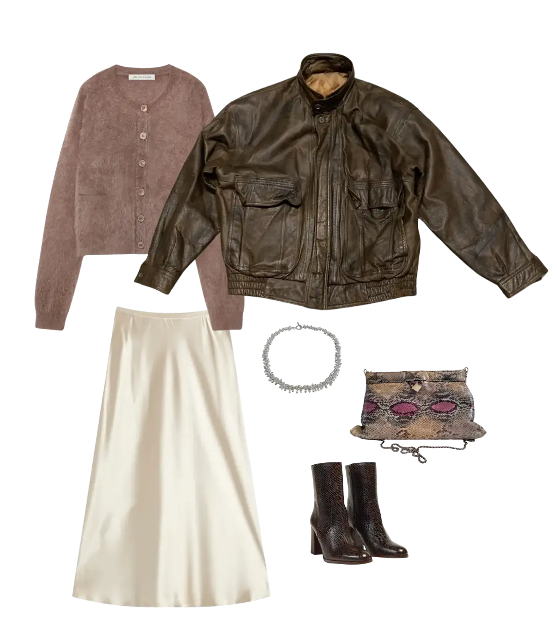 Dark brown leather jacket over cardigan and cream skirt, with high boots and python clutch.