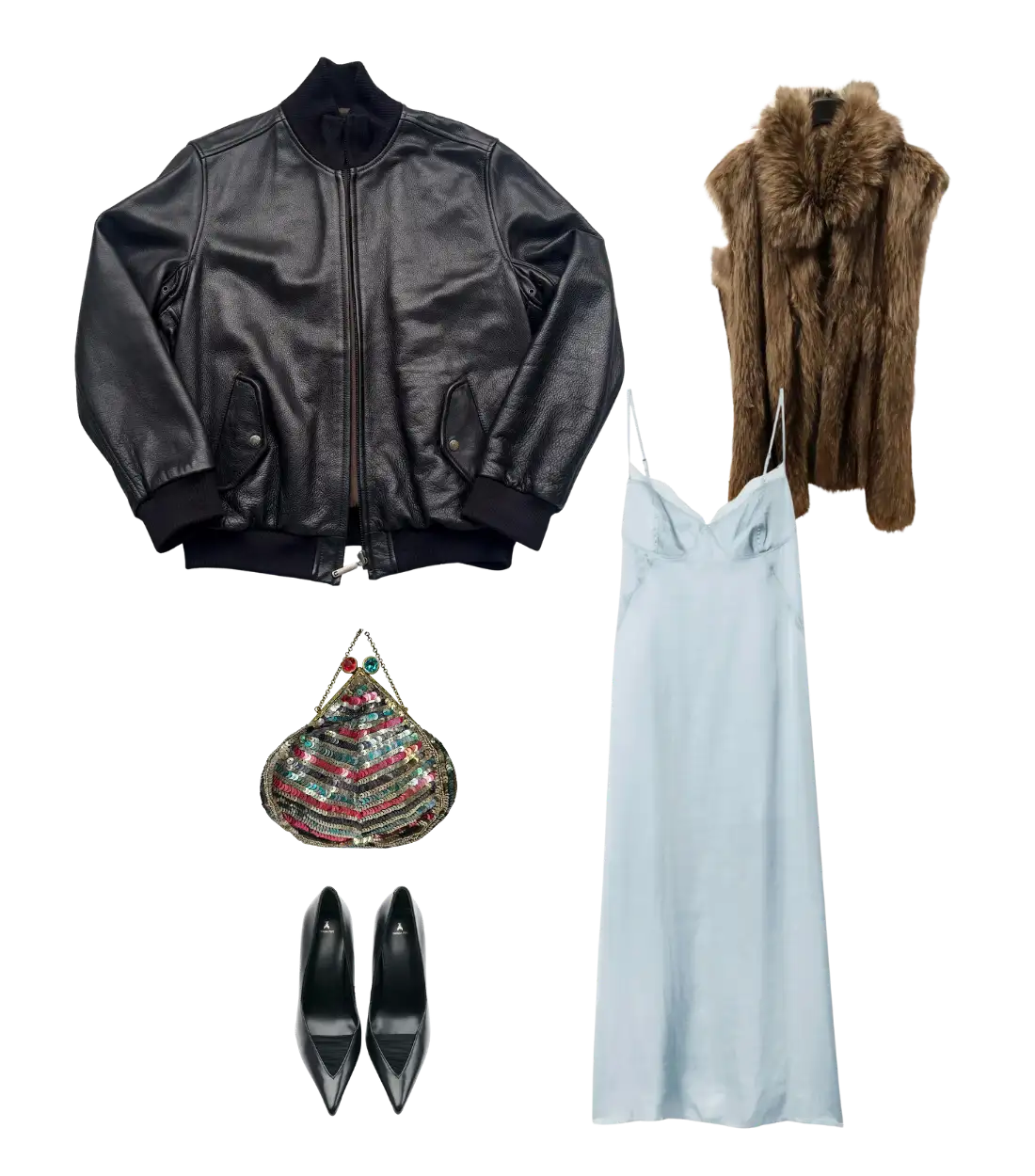 Black bomber jacket over slip dress, accessorized with a patterned chic clutch bag and pointed high-heels.