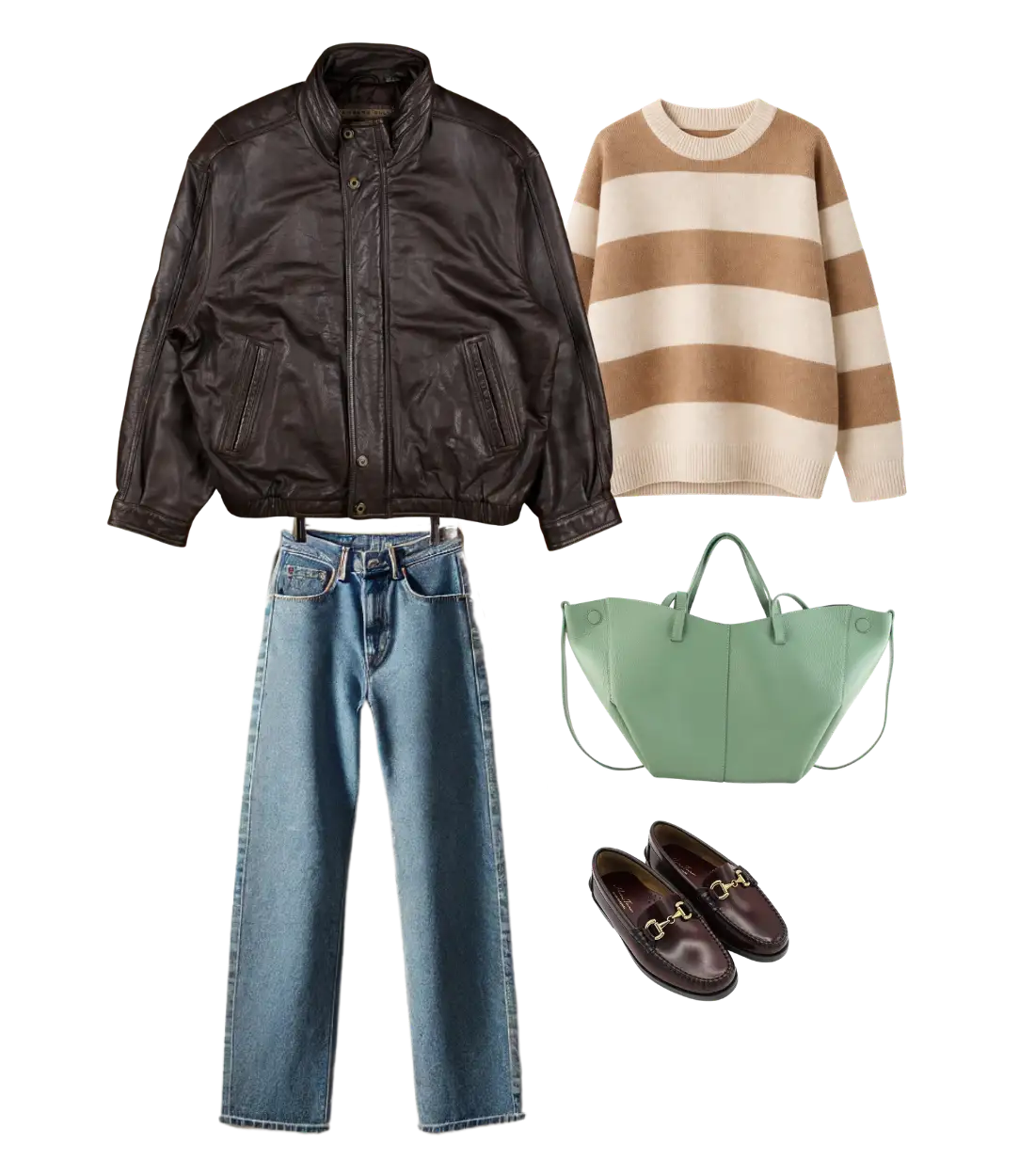 Chocolate leather jacket with striped knit top and denim skirt, matched with green tote and loafers.