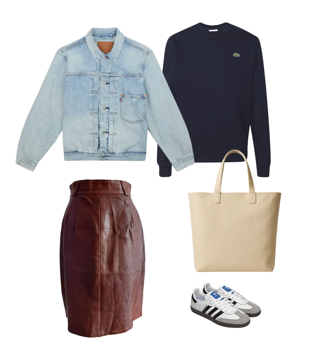 Denim jacket over navy top, brown skirt, white sneakers, and beige tote bag for casual elegance.