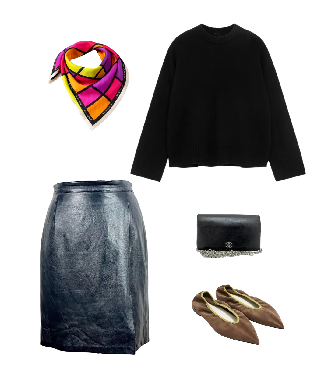 Black sweater with a leather skirt, accessorized with a colorful scarf and black clutch.