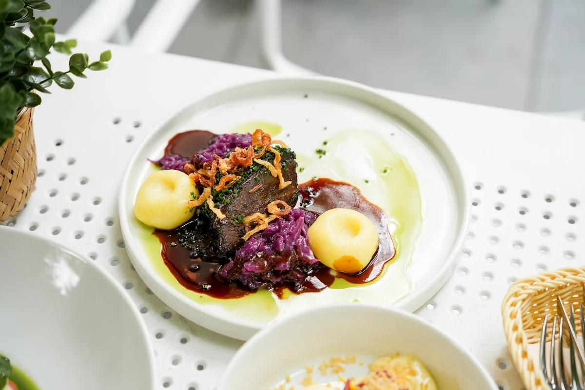 Gourmet plate with braised meat topped with fried onions, purple cabbage, two potato dumplings, and dark sauce on a white plate.