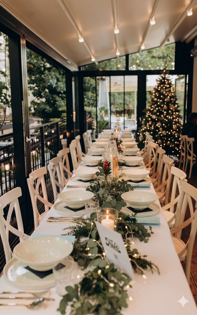 Long dining table set with white bowls, plates, cutlery, candles, greenery, and Christmas decorations including a lit tree in the background.