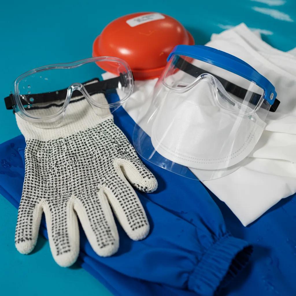 Essential personal protective equipment for pool chemical safety, including chemical-resistant gloves and splash-proof goggles