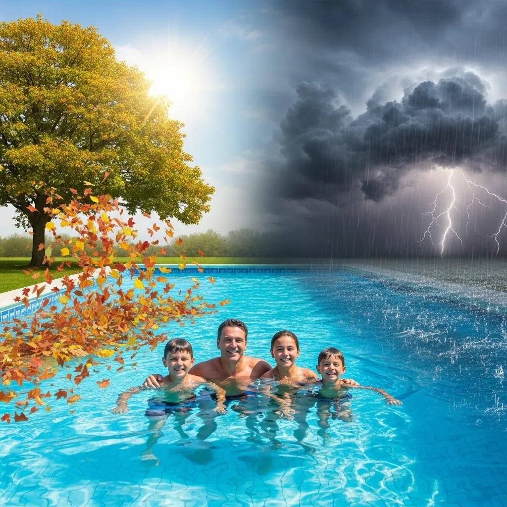 Illustration of factors that affect how often to vacuum a pool: family use, nearby trees, and weather