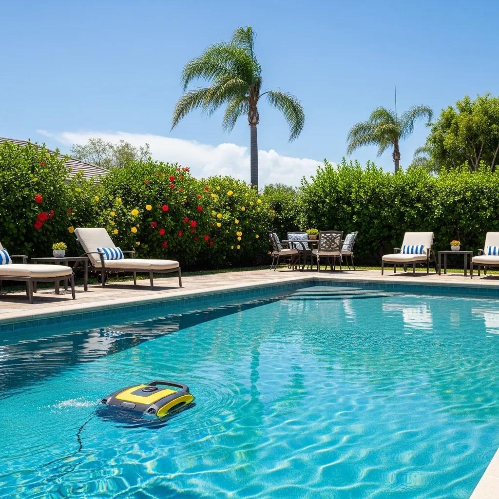 Sunny backyard pool being vacuumed, showing the value of regular pool maintenance
