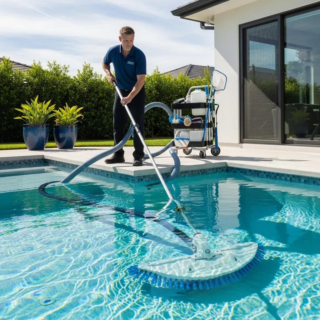 Trained technician vacuuming a residential pool, demonstrating professional pool maintenance benefits