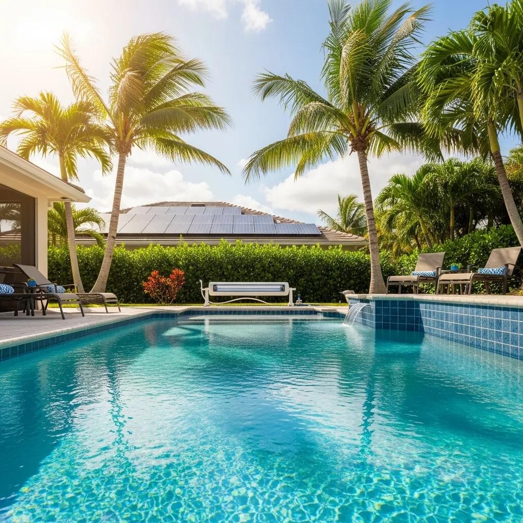 Sunny Southwest Florida backyard pool with both electric and solar heating options