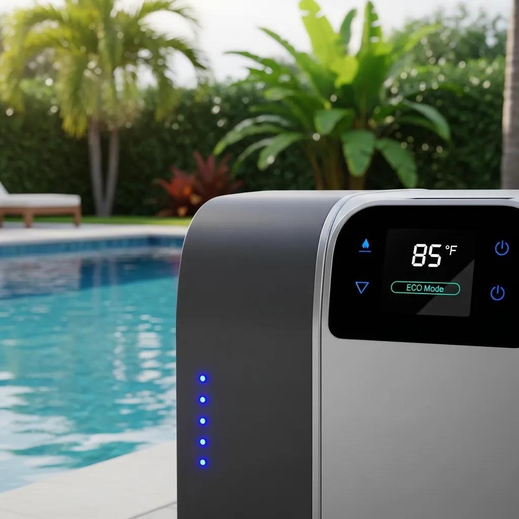 Modern electric pool heater next to a well-kept Florida pool