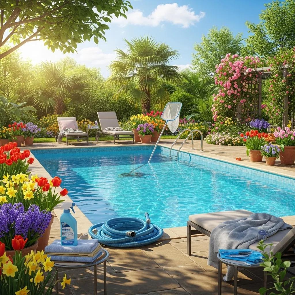Spring pool opening with a sparkling pool surrounded by greenery and flowers