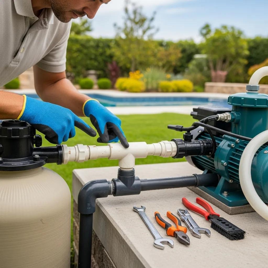 Person inspecting pool equipment for maintenance and safety
