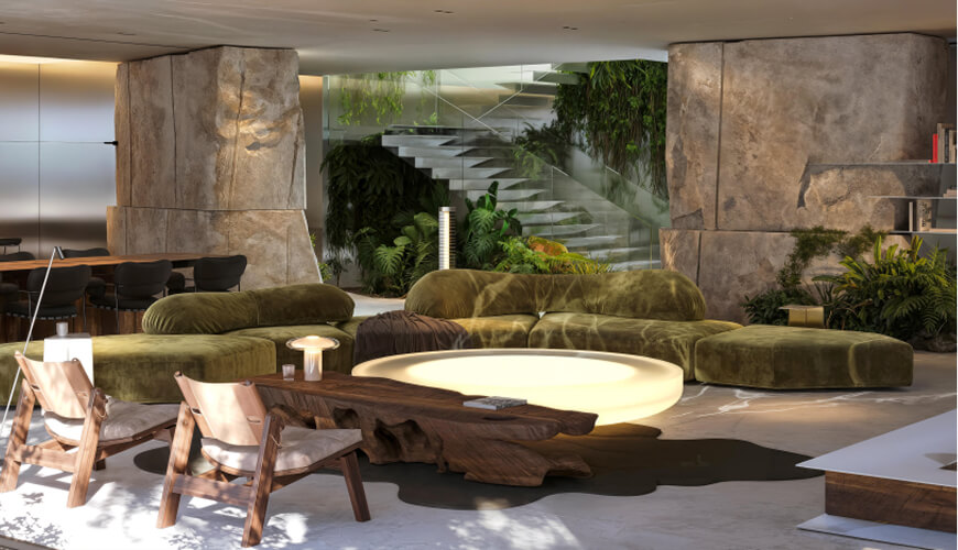 The main emphasis in the interior is placed on the wall finishes, specifically the monumental limestone slabs obtained during the preparation of the site for the construction of the villa.