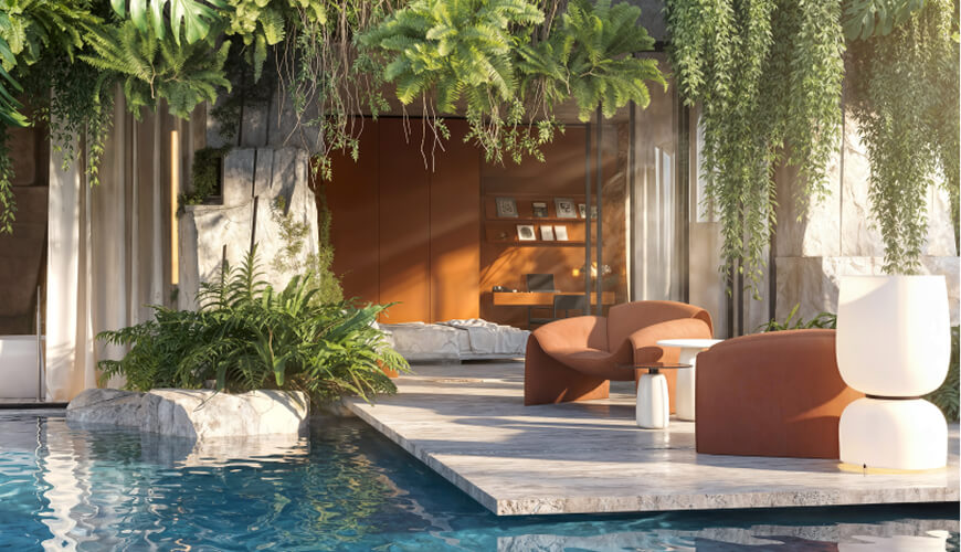 The first-floor bedroom is a fully autonomous space with a private pool, where the sense of privacy and connection with nature becomes the main element of the living experience.