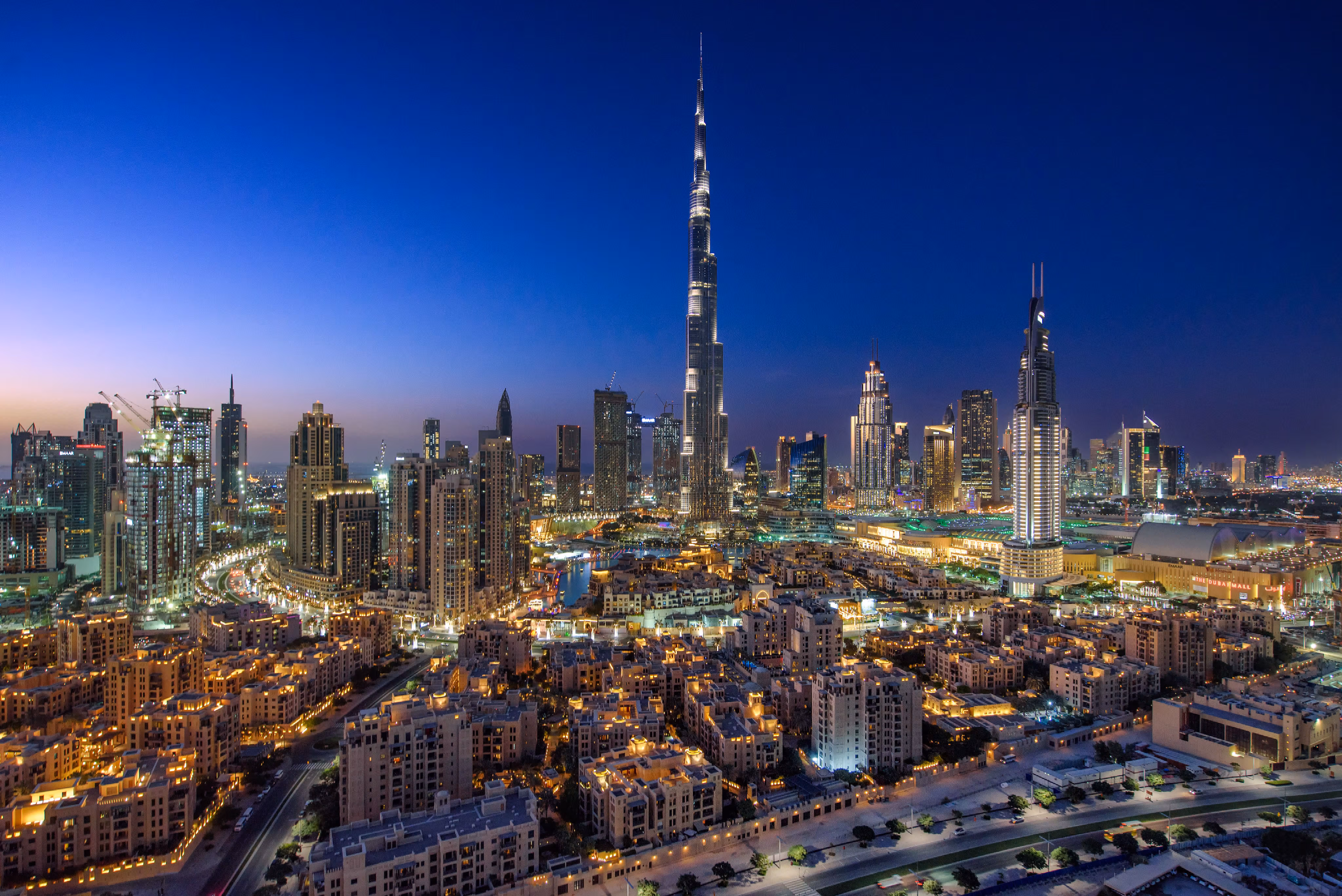 Dubai skyline at dusk with the Burj Khalifa