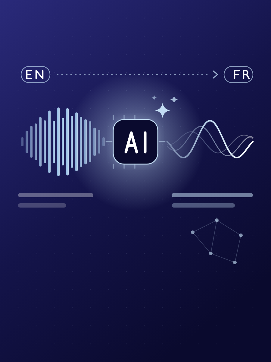 A speech waveform passing through an AI chip and coming out as a clean translated waveform, from English to French
