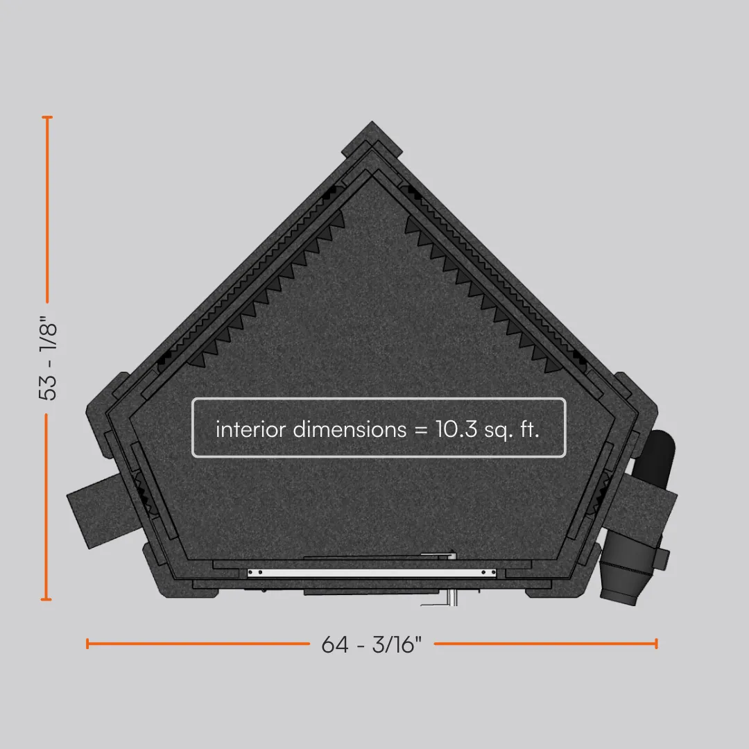 Top-down sectional view of the MDL 127 LP E Double-Wall WhisperRoom sound booth, showcasing both the exterior and interior dimensions.