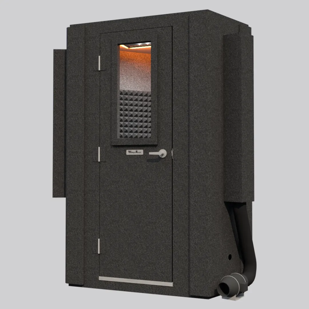 The MDL 127 LP E Double-Wall WhisperRoom sound booth, shown from an angled front right perspective with the door closed.