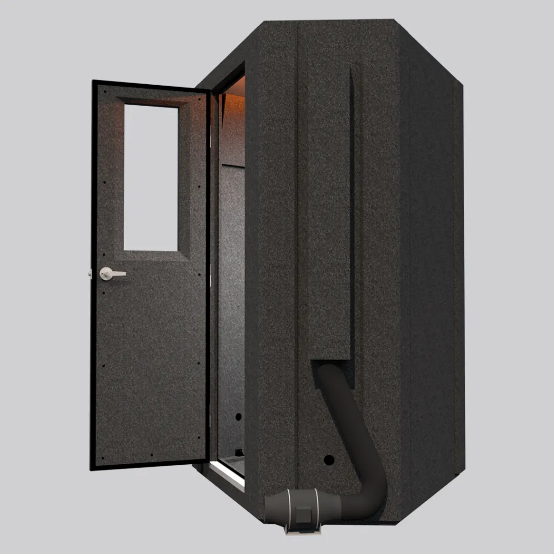 The MDL 127 LP E Double-Wall WhisperRoom sound booth, shown from the right side with the door open to display the depth of the sound booth.