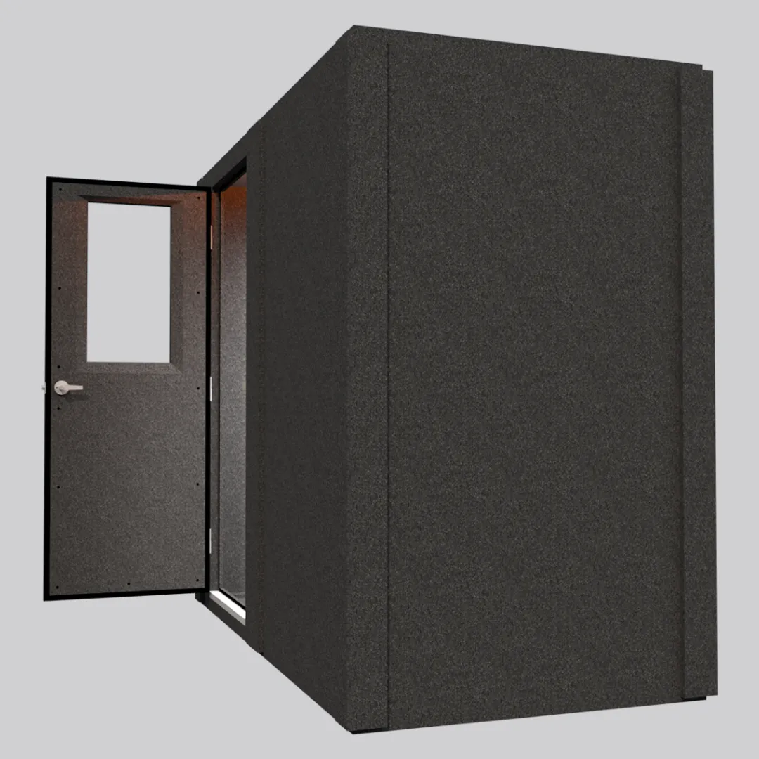 The MDL 4896 S Single-Wall WhisperRoom sound booth, shown from the right side with the door open to display the depth of the sound booth.