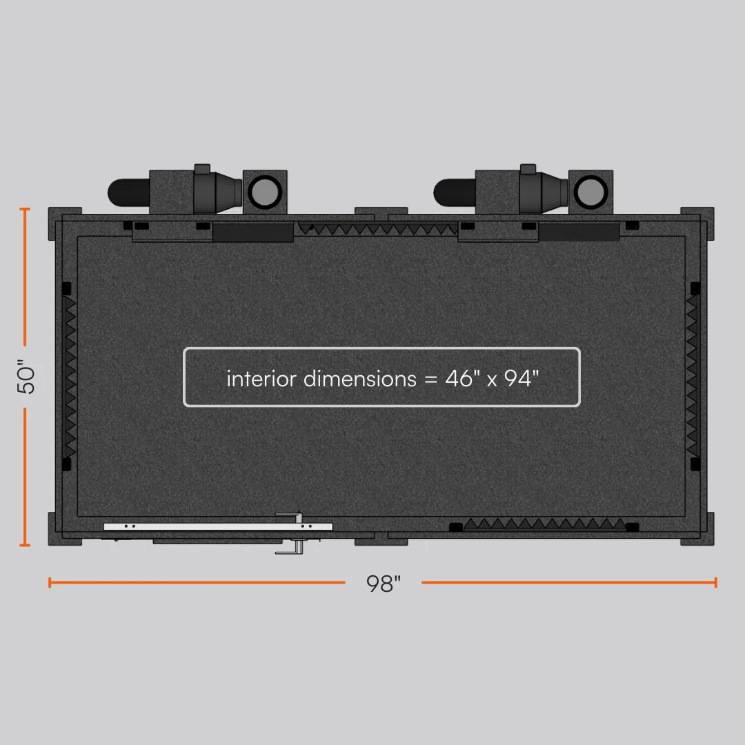 Top-down sectional view of the MDL 4896 S Single-Wall WhisperRoom sound booth, showcasing both the exterior and interior dimensions.