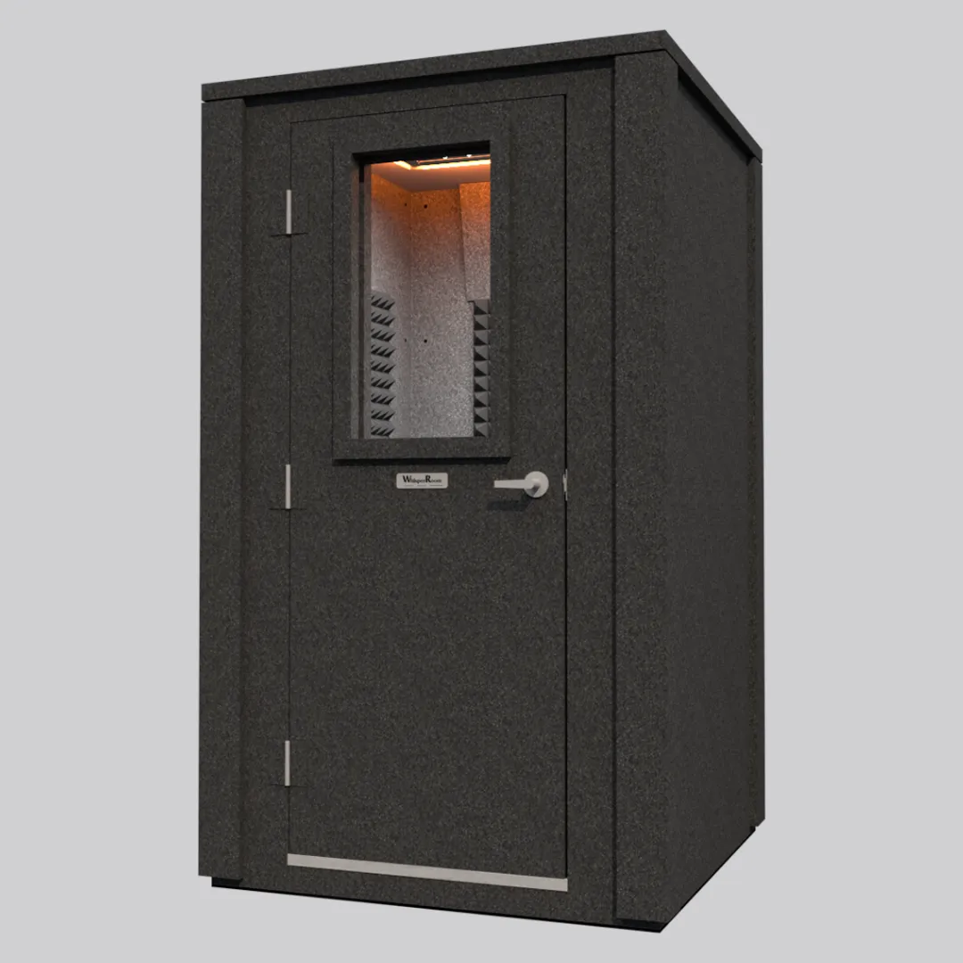 The MDL 4848 E Double-Wall WhisperRoom sound booth, shown from an angled front right perspective with the door closed.