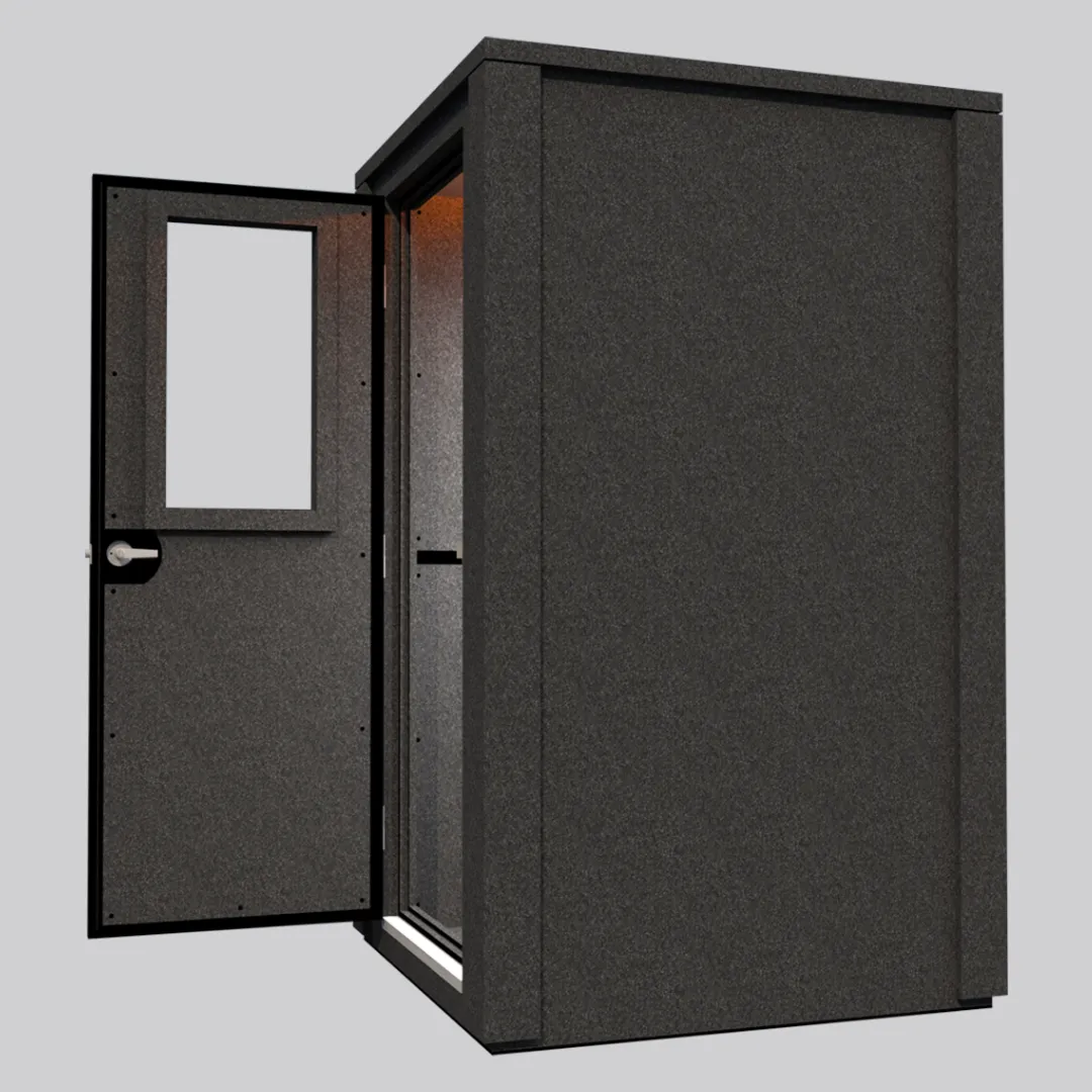 The MDL 4848 E Double-Wall WhisperRoom sound booth, shown from the right side with the door open to display the depth of the sound booth.