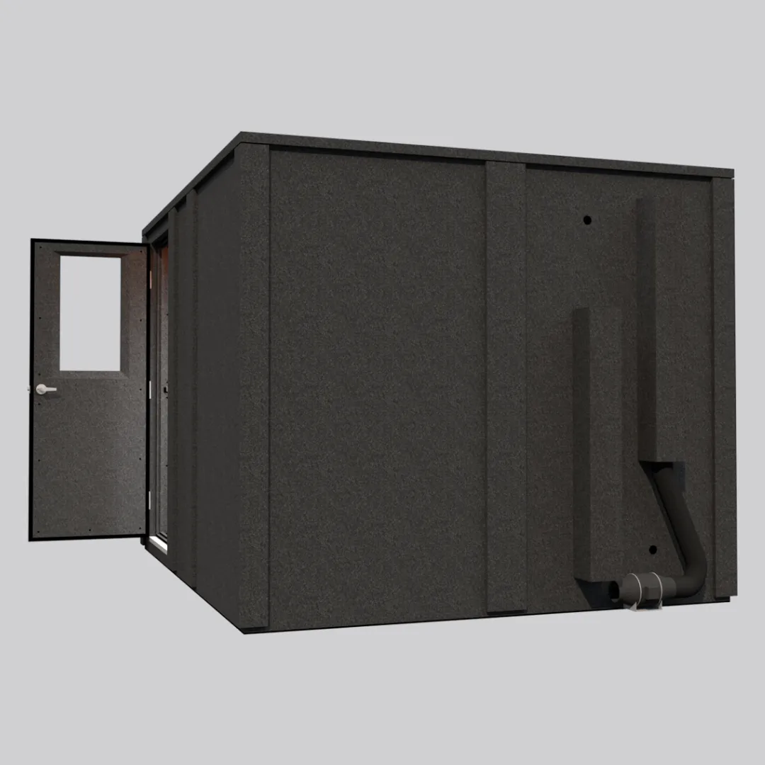 The MDL 96120 E Double-Wall WhisperRoom sound booth, shown from the right side with the door open to display the depth of the sound booth.