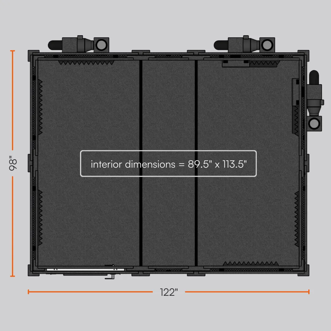 Top-down sectional view of the MDL 96120 E Double-Wall WhisperRoom sound booth, showcasing both the exterior and interior dimensions.