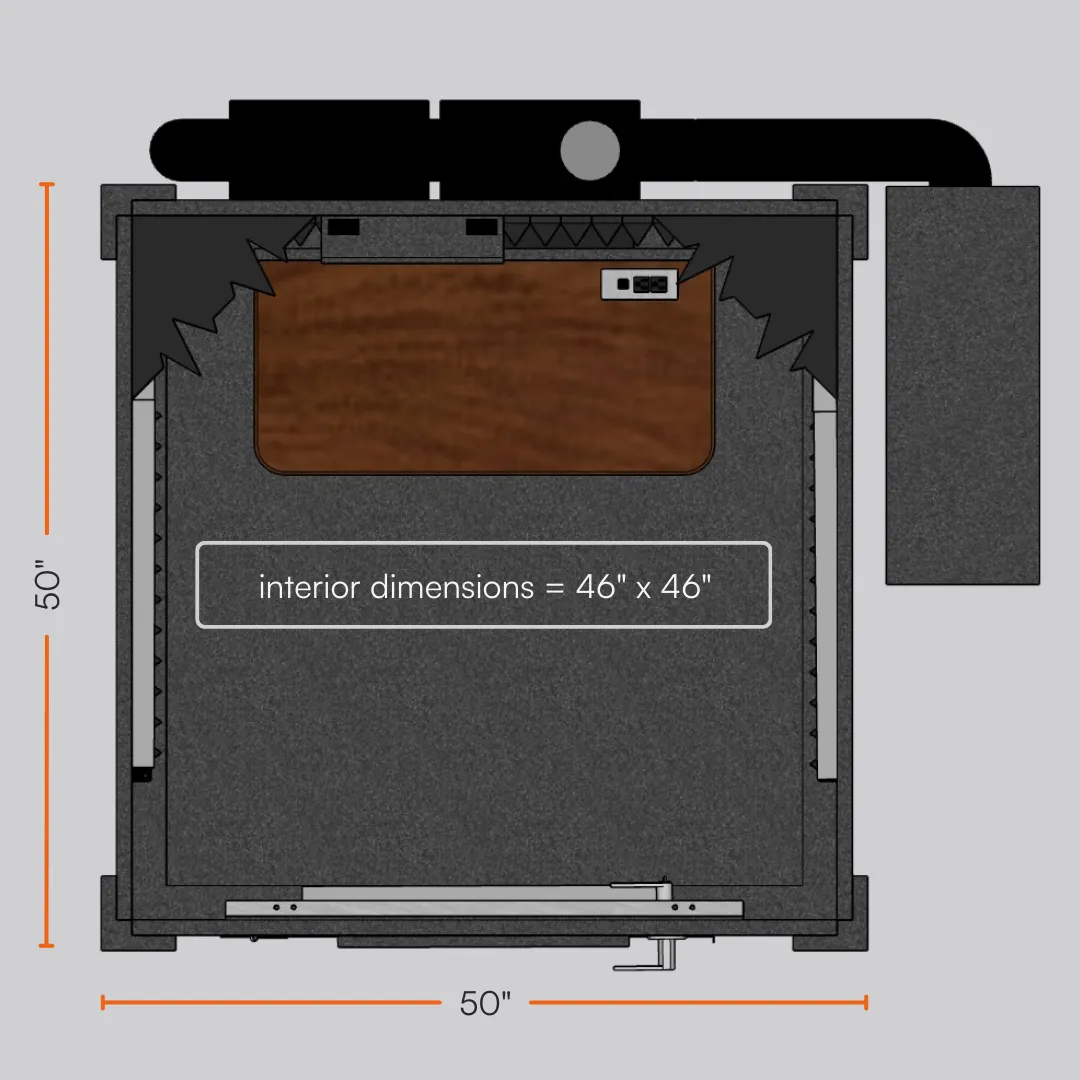 Top-down sectional view of the Voice Over Basic Package Single-Wall WhisperRoom vocal booth, showcasing both the exterior and interior dimensions.