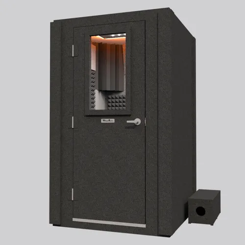 The Voice Over Basic Package Single-Wall WhisperRoom vocal booth, shown from an angled front right perspective with the door closed.