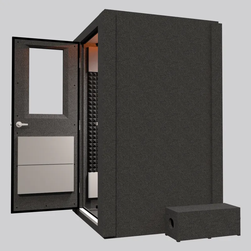 The Voice Over Basic Package Single-Wall WhisperRoom vocal booth, shown from the right side with the door open to display the depth of the booth.